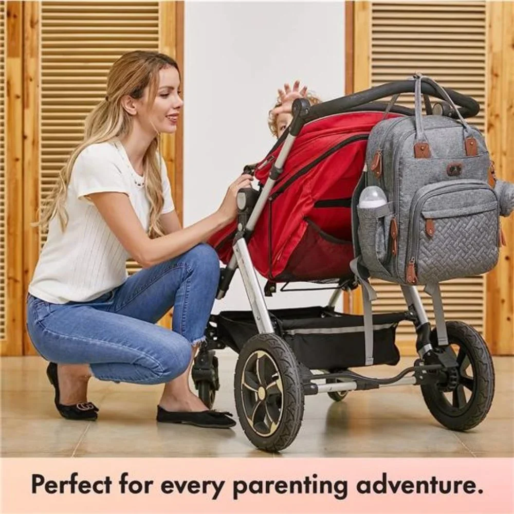 Unisex Polyester Diaper Backpack Daypack with Portable Changing Pad, Gray